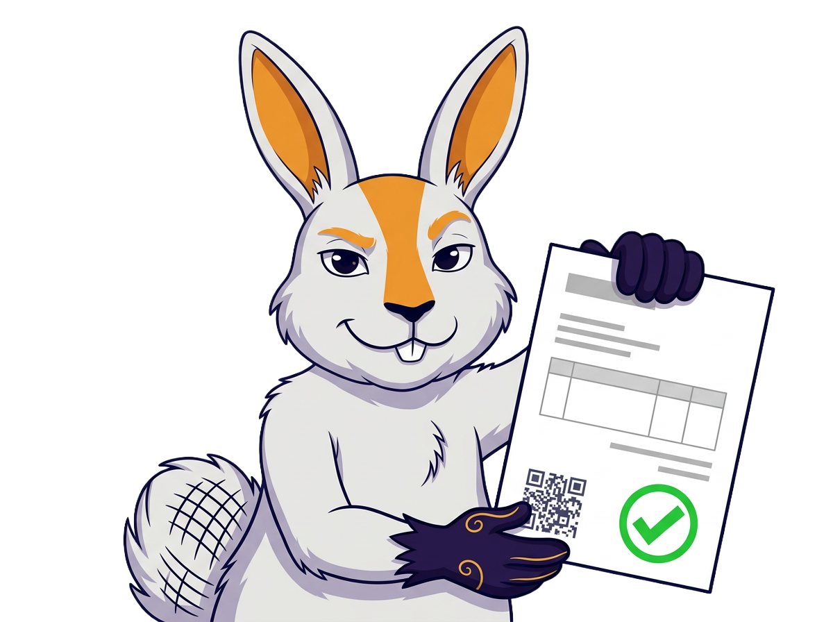 Conejo mascota de Factubine sosteniendo una factura autorizada con check verde y código QR