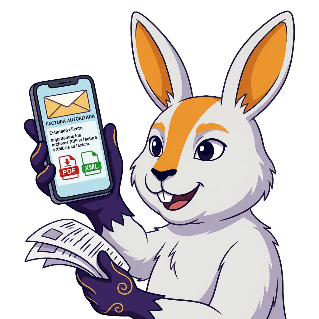Conejo mascota de Factubine mostrando el correo con la factura autorizada y los archivos PDF y XML adjuntos