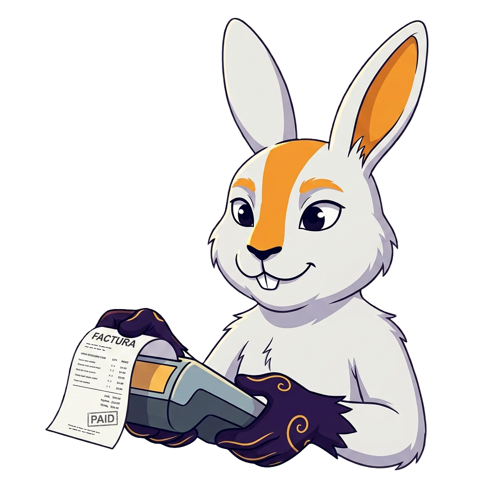 Conejo mascota de Factubine imprimiendo un comprobante de factura marcado como pagado