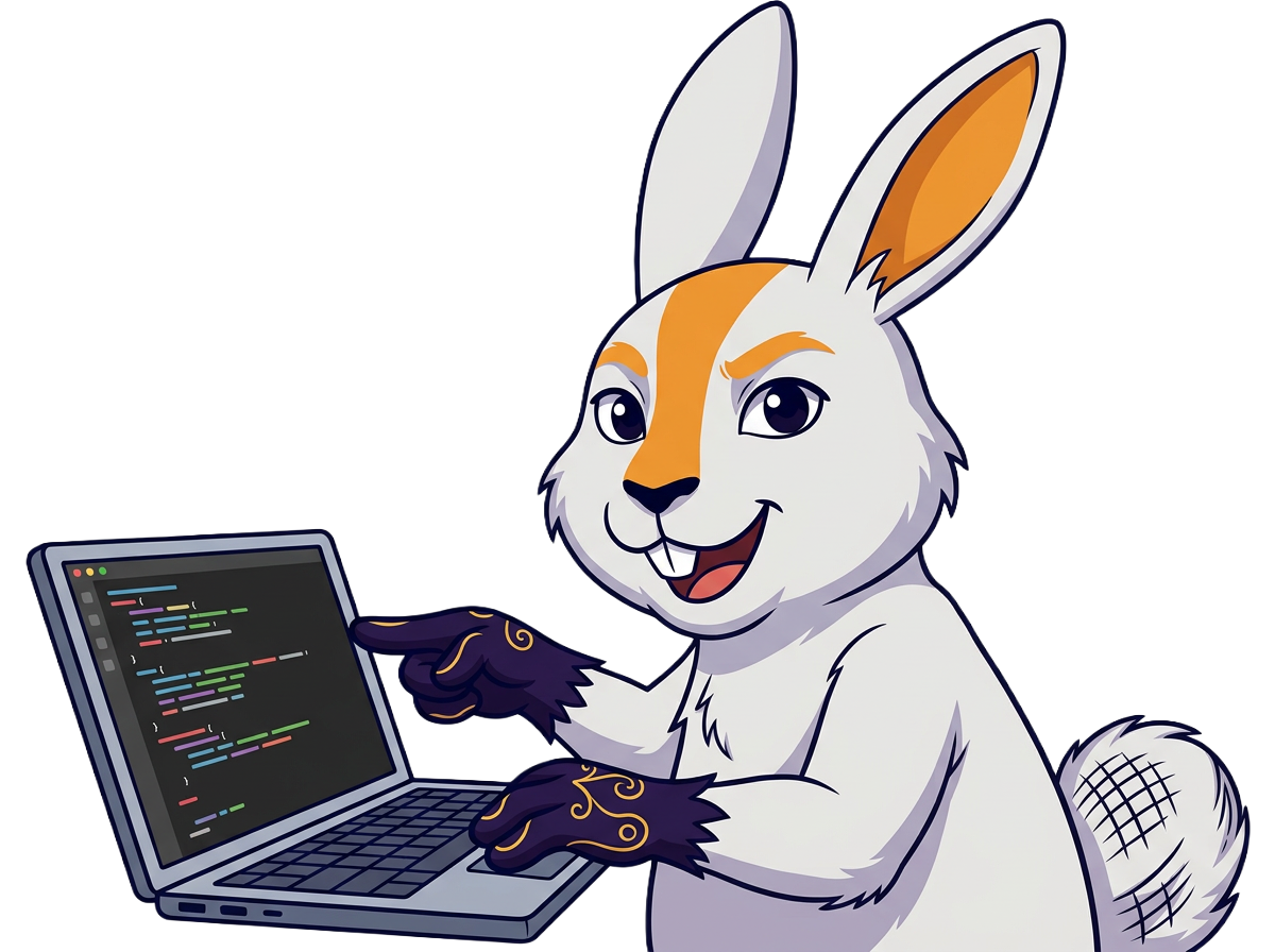 Conejo mascota de Factubine trabajando en una laptop